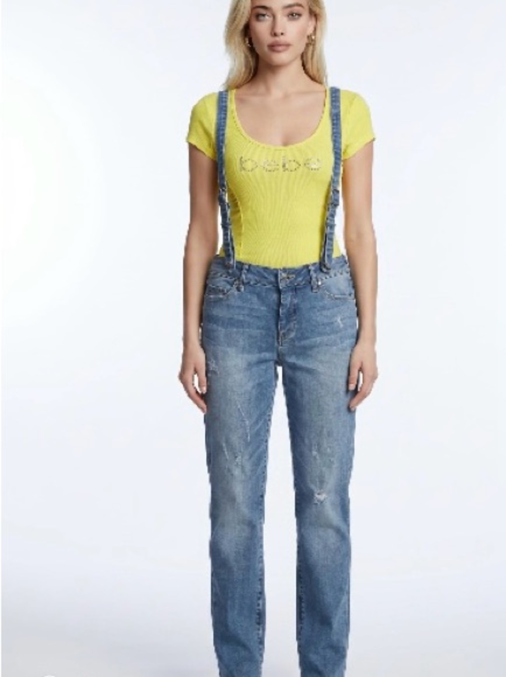 Bebe Rare Vintage mid rise Distressed Denim Coveralls Suspenders Jeans Size 28